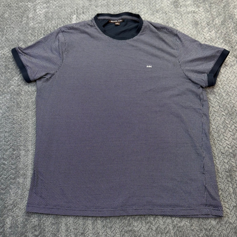 Michael Kors T-Shirt Men XL Regular Fit Navy White Micro Pattern Logo Ringer Tee